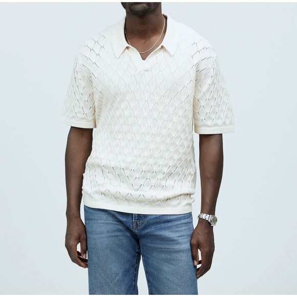 Madewell Men's Waffle-Knit Johnny-Collar Sweater Polo Cream Sz XL Ivory NEW - Picture 1 of 8